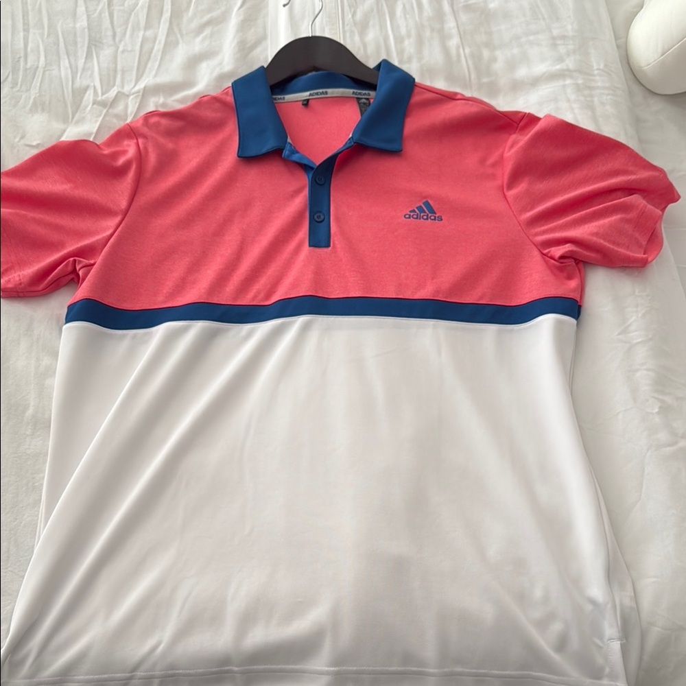 Adidas Men's Pink (salmon) and White Polo (tennis) Shirt